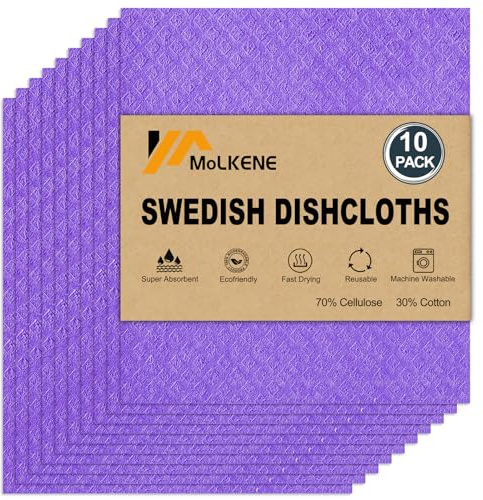 MoLKENE Swedish Dish Cloths - 10 Pack Reusable Kitchen Dishcloths - Ultra Absorbent Dish Towels for Washing Dishes - Cellulose Sponge Cloth Cleaning Cloths - Purple