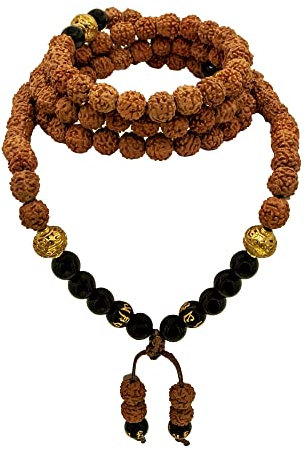 Samsara Tibetische Halskette aus Rudraksha und Onyx - Tibetisches Mala mit 108 Perlen