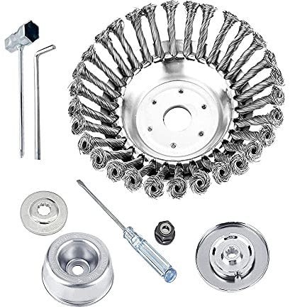 Frunimall Wire Grass Trimmer Head, Knotted Steel Wire Wheel Brush Replacement Weed Cutter Head Mower Weeding Tray with Adapter Kit for Rust Removal Lawn Mower, Overgrown Area Garden Lawn (6 Inch-Set)