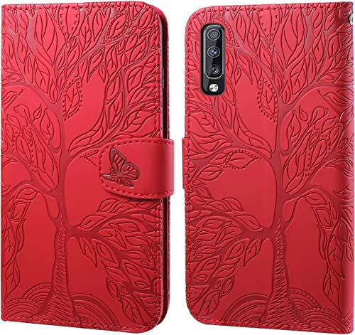 LEINOTWANCH Handyhülle für Samsung Galaxy A70 Wallet Flip Case Leder Handytasche,Magnetic Closure,Kartenfächer,Aufstellfunktion,schützend und geprägt mit Lebensbaum Muster-Rot