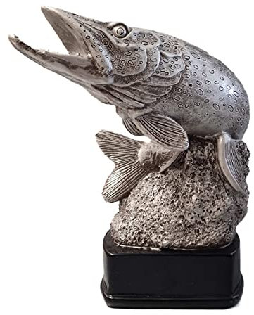 eberin · Angler Pokal · Angeln Pokal · Raubfisch Trophäe · Fisch Figur Silber · Hecht auf schwarzem Sockel · Wanderpokal · mit Wunschtext · Größe 20 cm