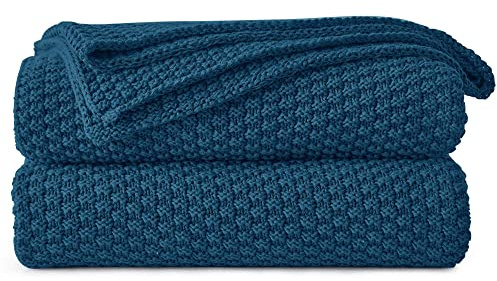 Longhui bedding Blaue, gestrickte Wohndecke für Couch, weich, gemütlich, maschinenwaschbar, aus 100 % Baumwolle, Strickdecken für Sofa, schweres Gewicht von 1,36 kg, 129,54 x 160,02 cm, inklusive