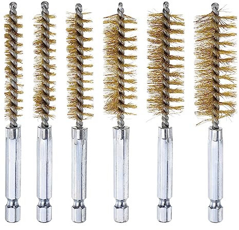 sourcing map 6Pcs Bore Brush Set 8mm,10mm,12mm,15mm,17mm,19mm Different Bristle Lengths Brass Twisted Wire Cleaning Brush with 1/4 Hex Shank for Tubes