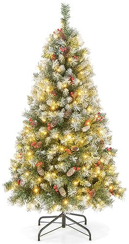 LIFEZEAL Arbre de Noël avec LED 150 cm, Sapin de Noël en PVC, Arbre Artificiel Enneigé avec 8 Effets Lumineux, Arbre de Noël Floqué avec Support Métallique (195 cm)