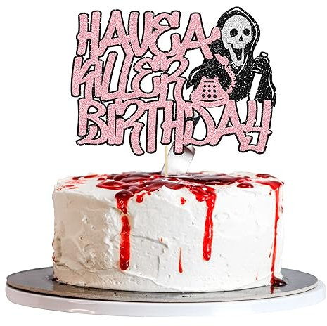 Gyufise 1Pcs Have a Killer Birthday Cake Topper Assembled Glitter Horror Classic Halloween Cake Pick for Bloody Horror Theme Birthday Halloween Party Cake Decorations Supplies Pink