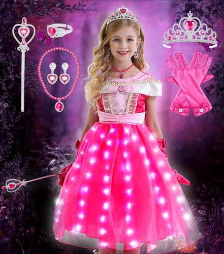 Tacobear LED Princesse Aurore Deguisement Princesse Robe Fille avec Couronne Baguette Collier Boucles d'oreilles Bague Gants Cosplay Deguisement Halloween Carnaval Enfant 2-8 Ans (6-7)