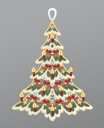 Plauener Spitze Fensterbild Festlich geschmückter Tannenbaum (Bx H) 15cm * 20cm Mehrfarbig Fensterdekoration Fensterschmuck