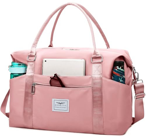 FIORETTO Damen Reisetasche Sporttasche Handgepäck Weekender Bag Schwimmtasche Wasserdicht Travel Bag Duffle Bag Fitnesstasche Trainingstasche für Damen Rosa Large