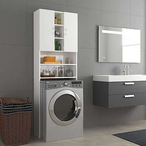 homiuse Waschmaschinenschrank Hochglanz-Weiß 64x25,5x190 cm Waschmaschinenüberbauschrank Badschrank Waschküche Möbel mit 2 Türen / 9 Fächern Platzsparendes Modisches Design Robust & Langlebig