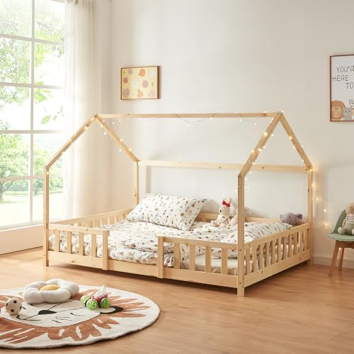 [en.casa] Kinderbett Sisimiut Hausbett Montessori 140 x 200 cm mit Rausfallschutz Holzbett für Kinder Bodenbett Lattenrost Kiefernholz Holzfarben