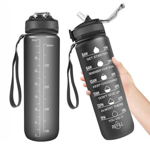 Water Bottle 1L (32oz) - Motivational Water Bottle With Straw, BPA Free Tritan Sports Water Bottle With Time Marking - Leakproof, One Click Open Gym Water Bottle