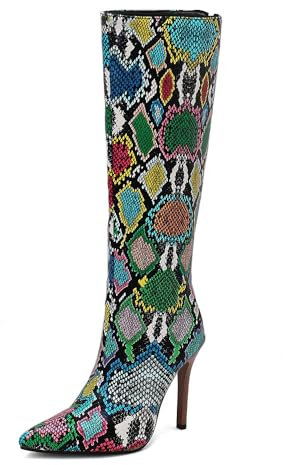 REKALFO Donne Stivali al ginocchio Tacco a spillo A punta Elegante Comodo Stivale Carino Cerniera Verde-pelle di serpente 37 EU