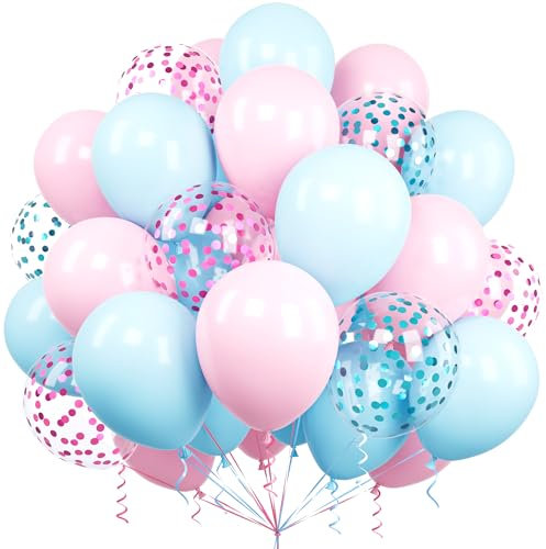 Ousuga Palloncini Rosa Blu, 60 Pezzi 12 Pollici Palloncini Rosa Pastello Blu Coriandoli Bianco Palloncini per Compleanno Matrimonio Anniversario Baby Shower Rivelazione di Genere Feste Decorazioni