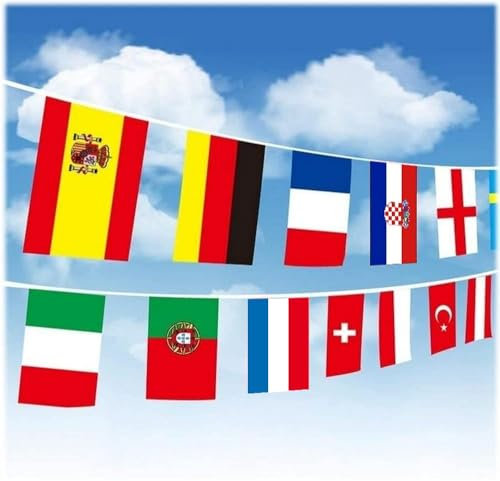 Fahnenkette/Wimpelkette/Girlande EM2024 mit 24 Flaggen/Fahnen aller Fußball Teilnehmer der Europameisterschaft EM 2024, zirka 7,5m lang, Flaggenkette Länder Mannschaften