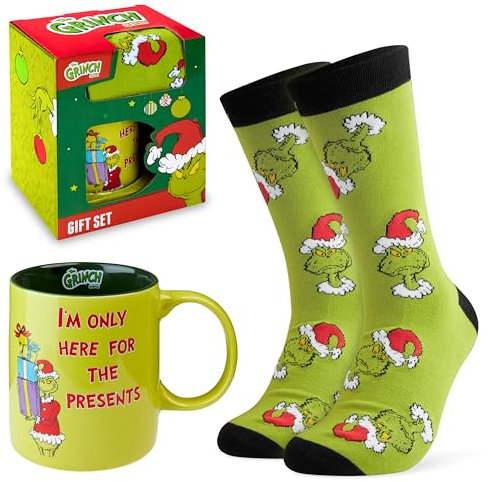 The Grinch Taza Set, Tazas 325 ml y Calcetines Navideños para Hombre, Adolescente - Regalo Hombre
