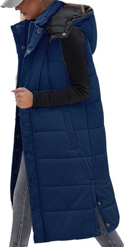 Vancavoo Chaleco Largo Mujer Invierno Acolchado sin Mangas con Capucha | Abrigo Cálido con Capucha Extraíble, Bolsillos y Aberturas Laterales con Broches