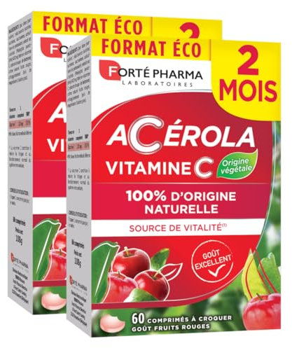 Forté Pharma - Acerola - Vitamine C Naturelle à Croquer - Complément Alimentaire Vitalité - Anti fatigue, Système immunitaire renforcé - 2x2 mois - 120 comprimés, 1/jour - goût fruits rouges