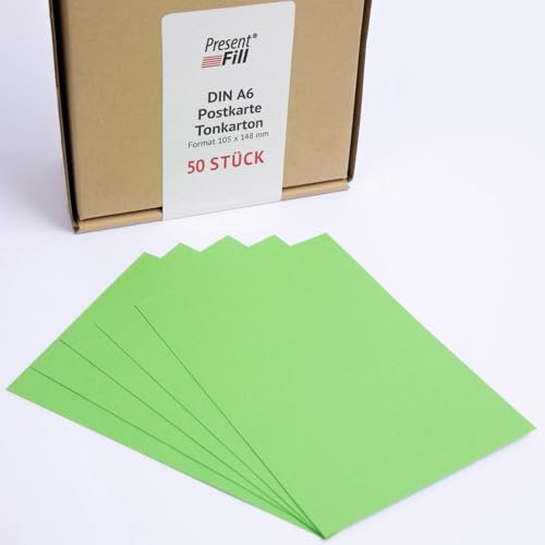 PresentFill® - blanko Postkarten Tonkarton Apfel Grün, Papier-Karten Set 50 Stück 210 g/m² -DIN A6-105 x 148 mm zum Selbstgestalten, beschriften oder bedrucken als Bastelkarton, Karteikarten