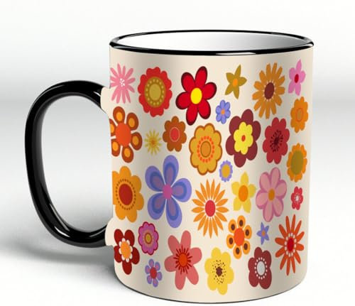 YOIUE Mug en porcelaine fin – Tasses de 11oz 330ml - Tasse de café exquise pour collègues,amis,frères et sœurs – Cadeau imprimé,Fleurs vintage des années 60 et 70