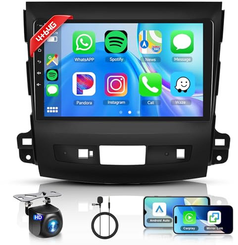 4+64G Radio de Coche para Mitsubishi Outlander 2/Peugeot 4007/Citroen C-Crosser 9 Pulgadas HD Android Radio con Wireless Carplay Android Auto GPS Mirror Link Bluetooth WiFi/FM/RDS/EQ Cámara Trasera