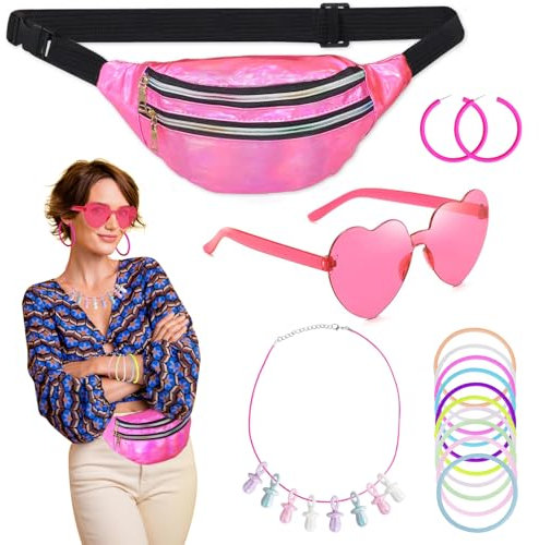 23 Stück 90er Jahre Accessoires Set Mit Bauchtasche, Herzbrille Rosa, Ohrringe, Armband, DIY-Halskette für Damen - 80er Kostüm Zubehör für Karneval Neon Party