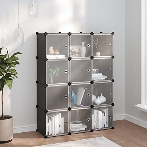 Xichuzi Regalsystem mit 12 Würfeln und Türen Schwarz PP, Vitrine, Raumteiler Regal, Steckregal, Regalsystem, Stufenregal, Bücherregal, Schrank Regal