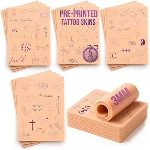 5 Pre-Printed Tattoo Practice Skins | Free Tutorial | 3mm Fake Skins for Tattooing (Fine Line Set of 5, Normal Skin)
