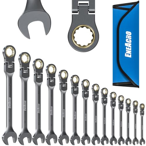 ENEACRO Jeu de clé plate à cliquet, Jeu de clés à tête flexible antidérapante 14 pièces, métrique 6-19mm, 72 dents, Chrome Vanadium, nickelé avec Sac de Rangement