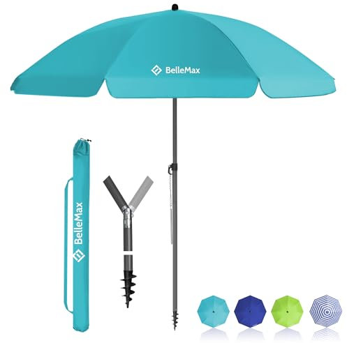 BelleMax Sonnenschirm Strand Windfest Stabil mit Bodenhülse & Schutzhülle 30° knickbar Sonnenschirm klein Rund Strandschirm Gartenschirm Marktschirm Sonnenschutz UV50+ Türkis 160cm