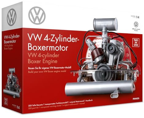 FRANZIS 67308 – Volkswagen VW 4-Zylinder Boxermotor 2 in 1, originalgetreuer Motorbausatz im Maßstab 1:4, inkl. Soundmodul, Anleitung und 100-seitigem Begleitbuch