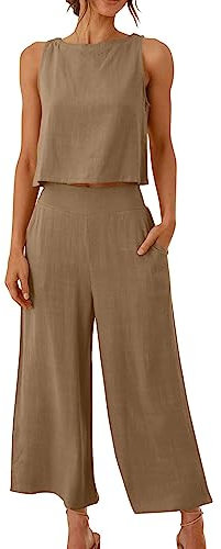 Musselin Hosenanzug Damen Ärmelloses Sommer Zweiteiler Tank Top und Hose 2 Teiler Elegant Hosenanzüge Leinen Jogginganzug Sommer Outfit Business Casual Anzug Leicht Freizeitanzug(Light Brown,3XL)