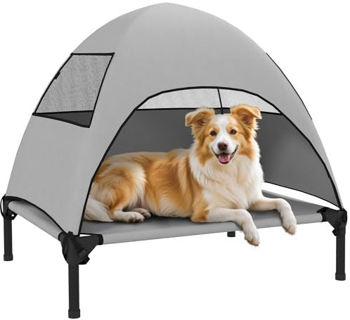 PawHut Hundeliege Outdoor mit Dach, Erhöhtes Hundebett für Mittelgroße Hunde, Kühlendes Haustierliege mit Waschbares Mesh Stahlrahmen Tragtasche, Haustierbett für Draußen Camping 76x61x71cm, Hellgrau