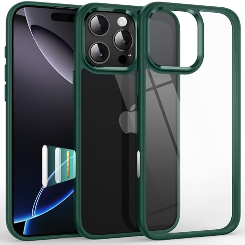 Supdeal Shockproof Clear Case for iPhone 16 Pro, [Camera Control Button] [10FT Military Drop Protection] Hard Clear Back Silicone Edge Four Corner Airbags Phone Cover, 6.3 inch, Green