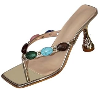 Sandales à talons hauts en strass à la mode pour femmes tongs à tête carrée chaussures de pente mariage fête nuptiale bal chaussures habillées sexy (Or,38)