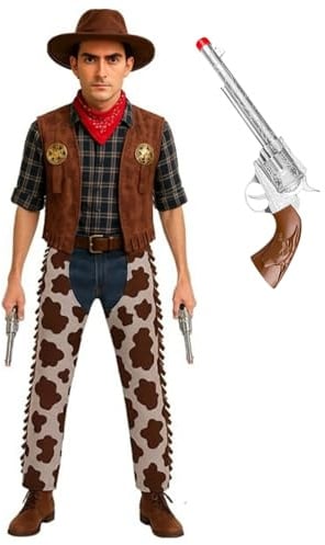 Adult Cowboy Costume for Men with 30cm Sheriff Pistol – Western Fancy Dress Set with Hat, Chaps, Waistcoat, Necktie – Halloween, Stag Do, Role Play Outfit (Cowboy Costume + Sheriff Pistol)