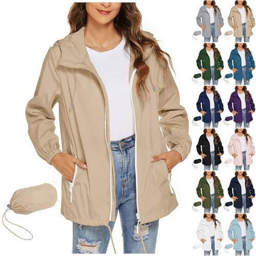 ZWDC Damen Regenjacke mit Kapuze Leichte Faltbare Outdoor Windjacke mit Reißverschluss und Taschen Frauen Langarm Wasserdichte Übergangsjacke in Mehreren Farben