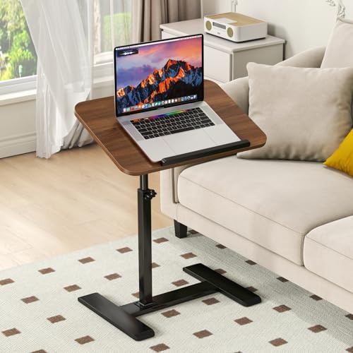 Beistelltisch mit Rollen Höhenverstellbar, 360°Drehbar C Form Couch Beistelltisch, Holz Mobiler Laptop Stand TV Kleiner Tisch für Sofa/Bett, Flip-Top&Rotierend Laptoptisch für Wohnzimmer (Nussbaum)