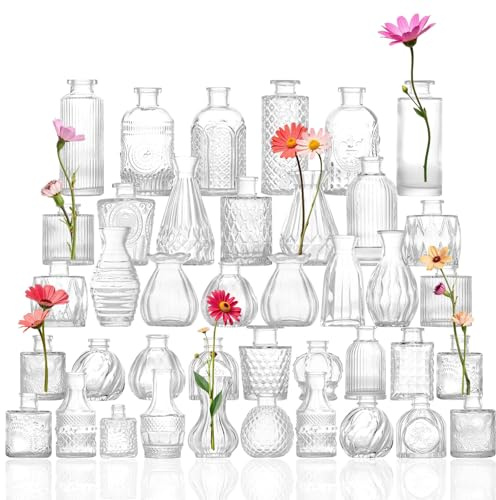 40 Kleine Mini Vasen Set, Glas Blumenvase,Vintage Kleine Vasen,Tischvase Verschiedene Größen für Küche,Esszimmer,Wohnzimmer,Badezimmer,für Tischdeko Mittelstücke