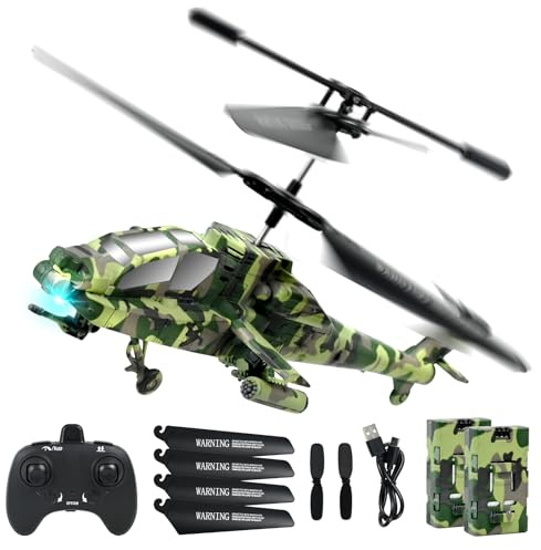 PATEMZON RC Helikopter Apache, Militär RC Hubschrauber, 2,4 GHz Military Helikopter, 2 Batterien, 25 Minuten, LED-Lichter, EIN-Knopf-Start & Höhenhaltefunktion, Indoor Spielzeug Kinder (Militärgrün)