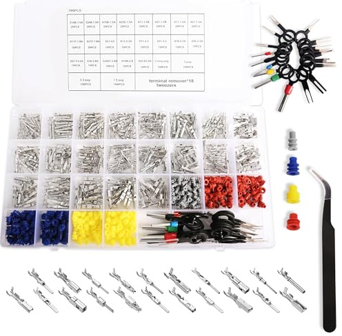 21Types Electrical Connectors Kit, 795Pcs Car Electrical Wire Connector Pins 1/1.5/1.8/2.2/2.8/3.5mm Terminal Pin, Non- Insulated Male Female Crimp Pins with 18 Removal Tools for Auto & Home Use