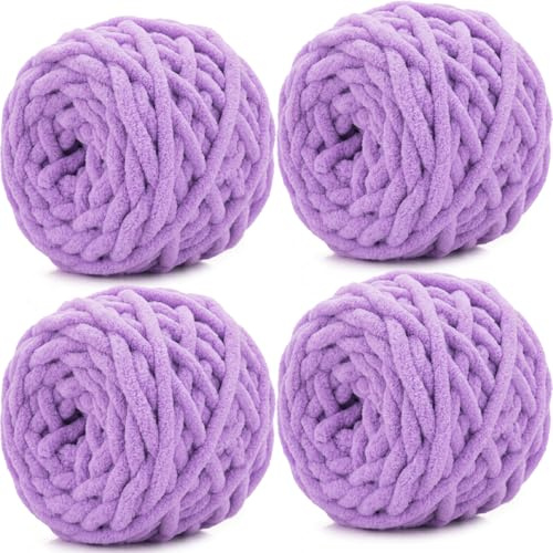 Xtrillogen 4x100g Chenille Wolle zum Häkeln,Chunky Wolle zum Stricken, Flauschig Häkelgarn Baumwolle, Bunte Chunky Yarn,Knitting Chenille Garn,Weben von Taschen, Schal,Decke,Mützen (Hellviolett)