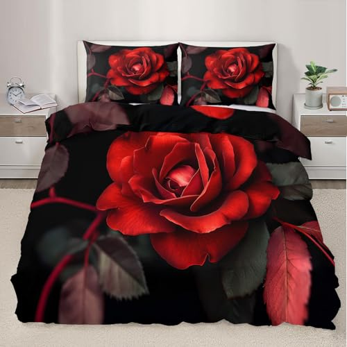 QDJKBL Red Rose Duvet Cover Retro Vintage Rose Bedding Set Romantic Floral Comforter Set Double Duvet Covers Black Background Floral Bedding Luxury Comforter Cover for Bedroom