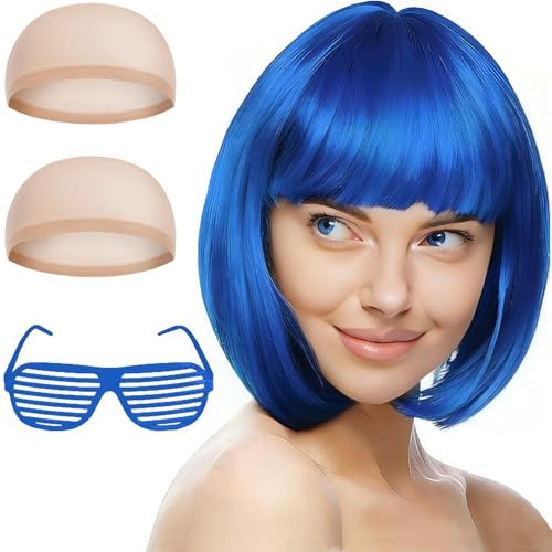 AUYAO Kurze Bob Perücke, 3/4Pcs Bunte Neon-Bob-Perücke, Pony-Perücke Perücken Haarteile Cosplay für Nachtclub Tanzen Karneval Fasching Motto Party, Halloween Dekorationen
