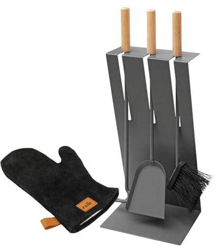 raik Kaminbesteck Set Gustav 3-teilig inkl. Rindsleder Ofenhandschuh anthrazit Kamingarnitur mit Holzgriffen für Reinigung und Bedienung von Kaminen Öfen Feuerstellen Holzöfen