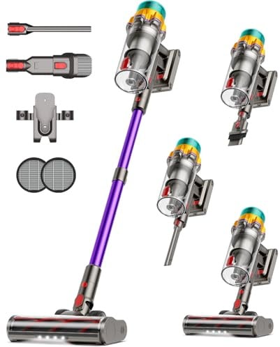 Aspirapolvere senza fili, 50 kPa, 65 minuti XL, scopa con spazzola anti-groviglio, schermo LED, autoportante, aspirapolvere senza fili per parquet, moquette, peli di animali, viola