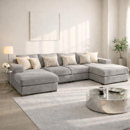 Sofaya Linen U Shaped Plain Sofa Full Back Sectional Chaise Sofa – Upholstered Fabric Couch with Cushions 4-5 Seater Sofa for Living Rooms (Grey Linen, U-Shaped Sofa)
