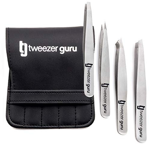 Pinces à épiler professionnelle (Set de 4), Tweezer Guru en acier inoxydable, épilation de précision pour les poils du visage, les poils incarnés, les échardes et l’extraction d’une tique