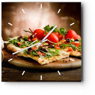 Modern Wanduhr Pizza Vegetarier Italien Essen 40x40cm Quadrat Groß Wand Uhr Glas Analog Zimmeruhren Küche Büro Wohnzimmer Glasuhr Wall Clock Dekoration Design Wanddekoration Küchenuhr C3AC40x40-2540