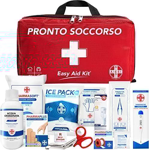 AIESI® Kit di Pronto Soccorso professionale per auto casa viaggio barca moto trekking con TERMOMETRO e DISINFETTANTE, EASY AID KIT, Borsa di emergenza completa per medicazione, Made in Italy