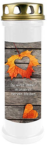 HScandle Grablicht (Weiß) Grabkerze ca. 100h Brenndauer / 4-Tage Brenner - Motiv: Laub Herz, in vielen Varianten